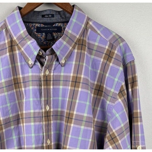 NWT Tommy Hilfiger Mens Slim Fit XL Shirt In Chalk Violet Plaid Long Sleeve - Picture 1 of 9